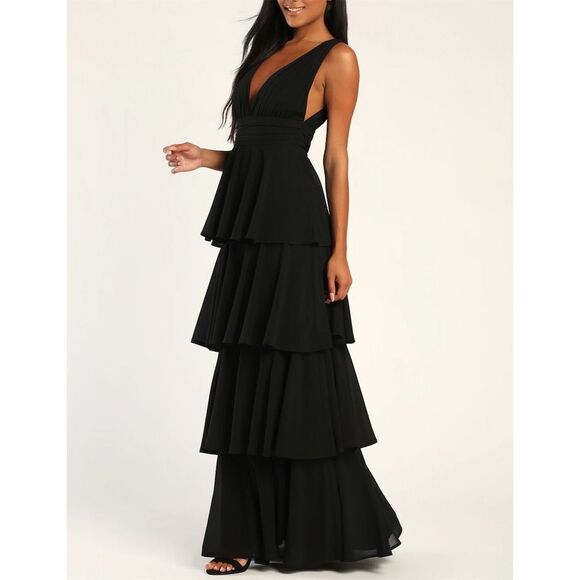NWT Lulus Women's Amazing Evening Black Tiered Maxi Dress Formal Size L - Picture 3 of 10